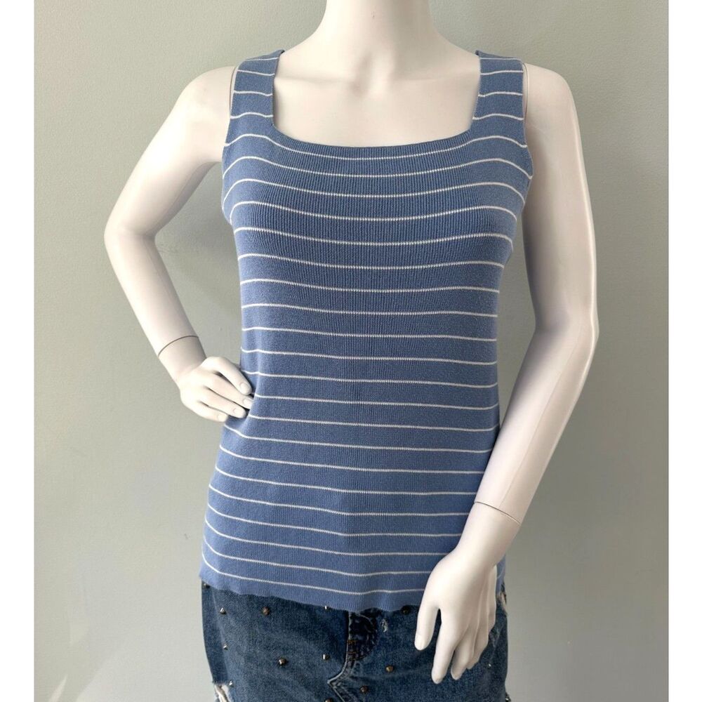 Charter Club Blue and White Striped Tank Top size M Square Neck Sleeveless Knit